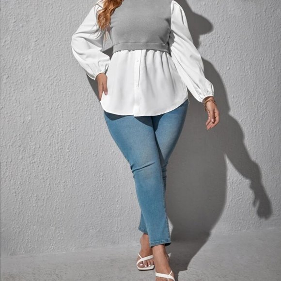 Grey and White Long Sleeve Colorblock Lantern Sleeve Blouse - Picture 3 of 5